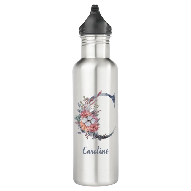 Personalized Blue Floral Monogram C  Stainless Steel Water Bottle (Right)