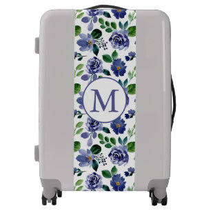 Personalized Blue Floral Monogram Stylish Flowers Luggage