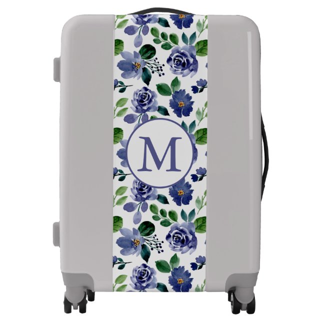Personalized Blue Floral Monogram Stylish Flowers Luggage (Front)