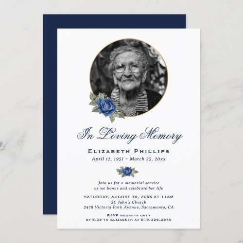 Personalized Blue Floral Photo Memorial Service Invitation