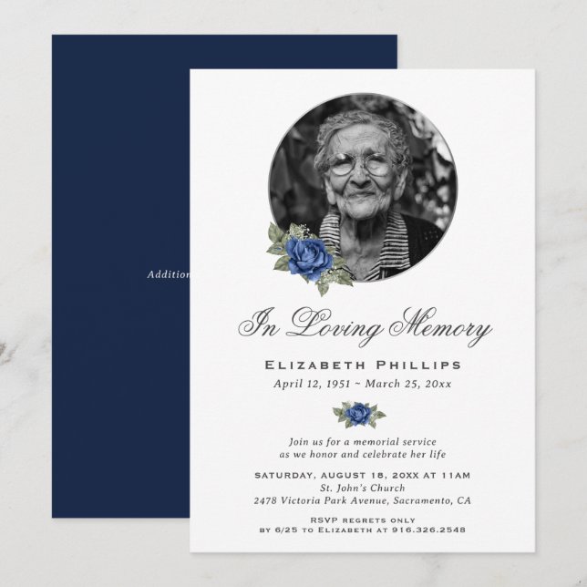 Personalized Blue Floral Photo Memorial Service Invitation (Front/Back)