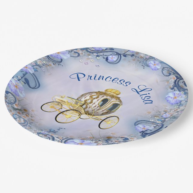 Personalized Blue Floral Princess Enchanted Paper Plates (Angled)
