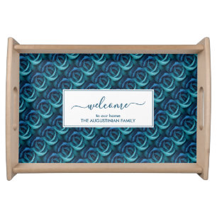 Personalized Blue Floral Rose WELCOME TO OUR HOME Serving Tray