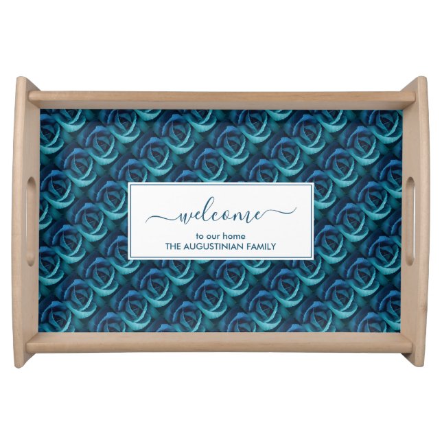 Personalized Blue Floral Rose WELCOME TO OUR HOME Serving Tray (Front)