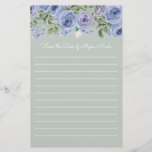 Personalized Blue Floral Sage Green White Lined Stationery