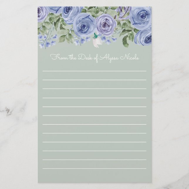 Personalized Blue Floral Sage Green White Lined Stationery (Front)