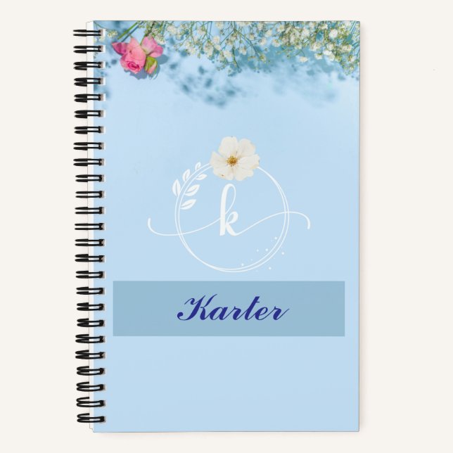 Personalized Blue Floral Spiral Notebook with Name (Front)