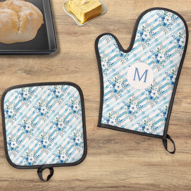 Personalized Blue Floral Stripe Country Kitchen Oven Mitt & Pot Holder Set (A monogrammed oven mitt and pot holder set with blue and white floral stripe and green leaf pattern)