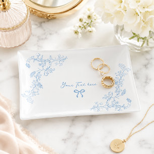 Personalized Blue Floral Toile Jewelry Trinket Tray