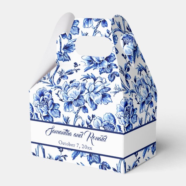 Personalized Blue Floral Toile Wedding  Favor Boxes (Front Side)