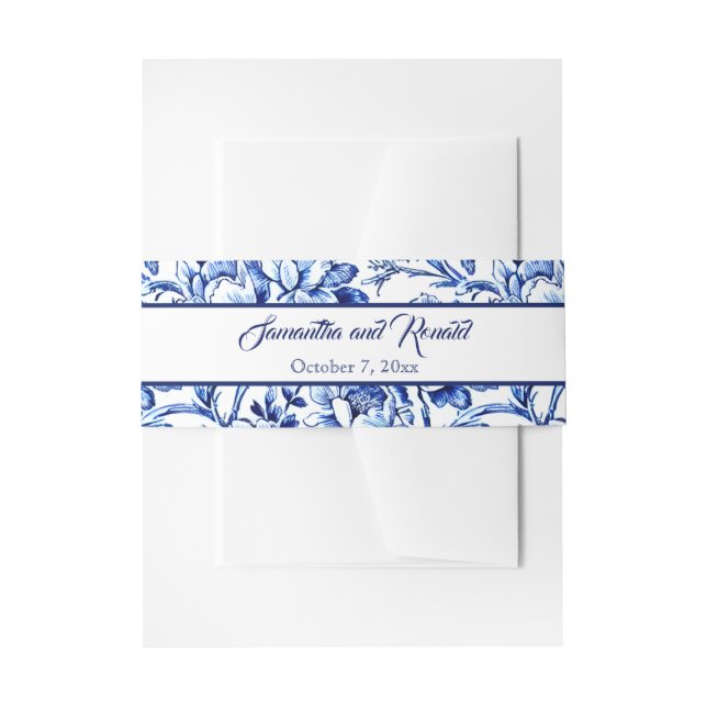 Personalized Blue Floral Toile Wedding Invitation Belly Band (Front Example)