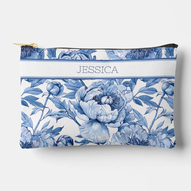 Personalized Blue Floral Travel Flower Makeup Accessory Pouch (Front)