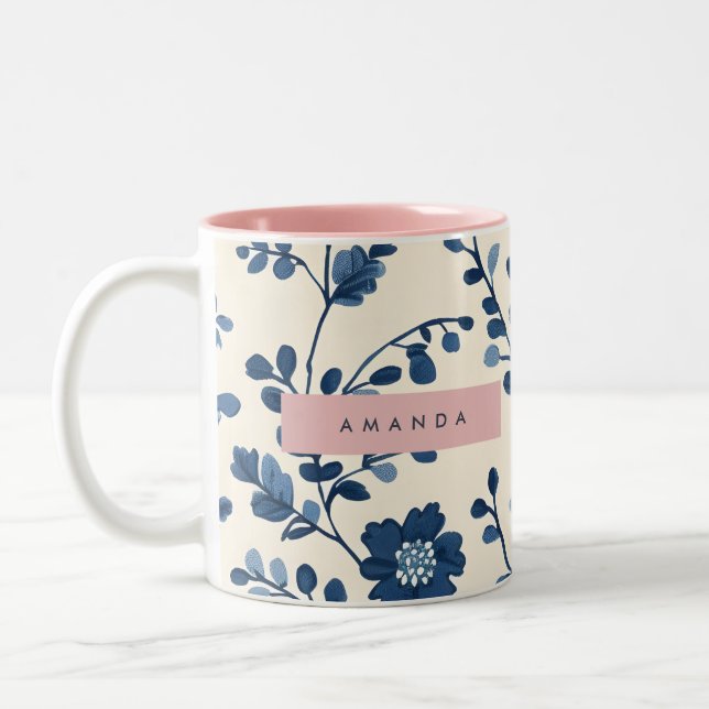 Personalized Blue Floral Vine Style Two-Tone Coffee Mug (Left)