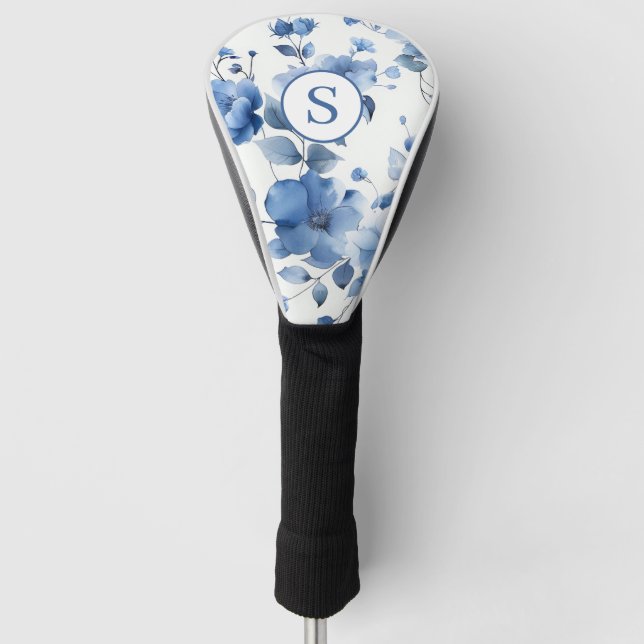 Personalized Blue Floral Watercolor Golf Head Cover (Front)