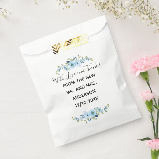 Personalized Blue Floral Wedding Favor Bags (Sealed)