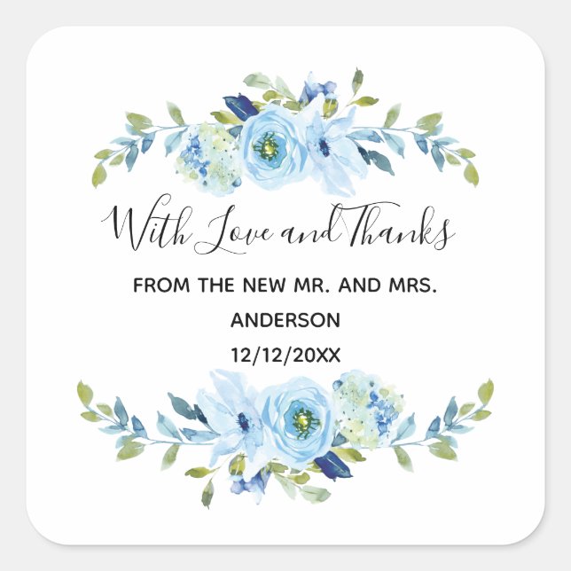 Personalized Blue Floral Wedding Favor   Square Sticker (Front)