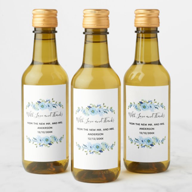 Personalized Blue Floral Wedding Favor  Wine Label (Bottles)