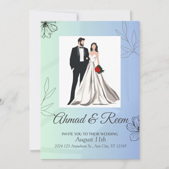 Personalized Blue Floral Wedding Invitation Card (Front)