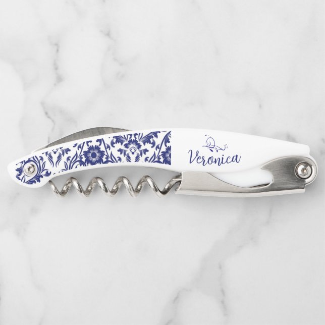 Personalized Blue Floral Wine Opener (Back)