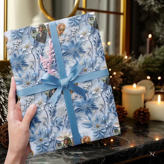 Personalized Blue Floral with Photos and Names Wrapping Paper (Creator Uploaded)