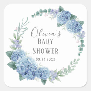 Personalized Blue Floral Wreath Baby Shower Square Sticker