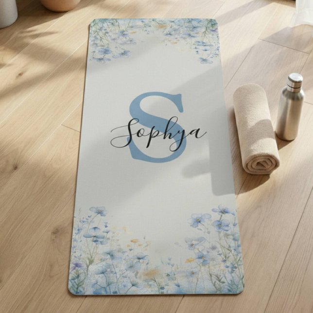 Personalized Blue Flower Monogram Yoga Mat (Creator Uploaded)
