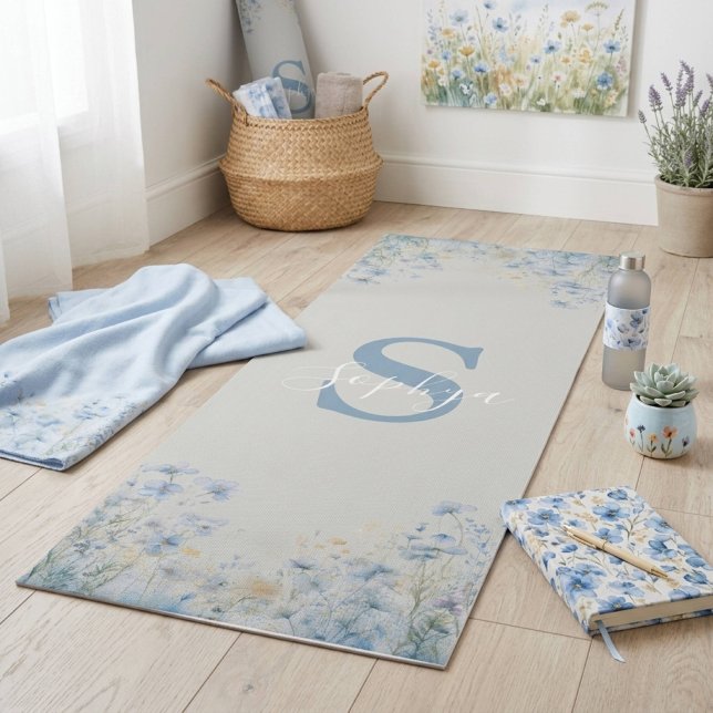 Personalized Blue Flower Monogram Yoga Mat (Creator Uploaded)