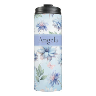 Personalized Blue Flowers and Pink Butterflies Thermal Tumbler
