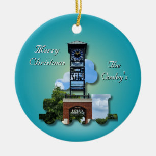 Personalized (Blue) Foley Clock Tower & Train  Ceramic Ornament
