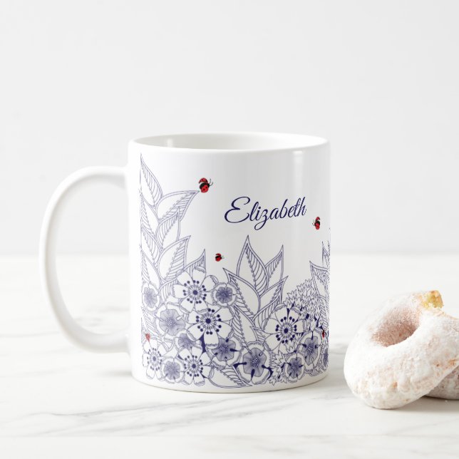 Personalized Blue Folk Art Botanical Mug (With Donut)