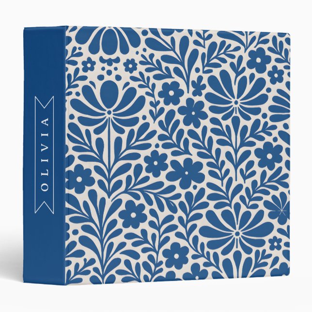 Personalized Blue Folk Floral Nordic Custom 3 Ring Binder (Front/Spine)