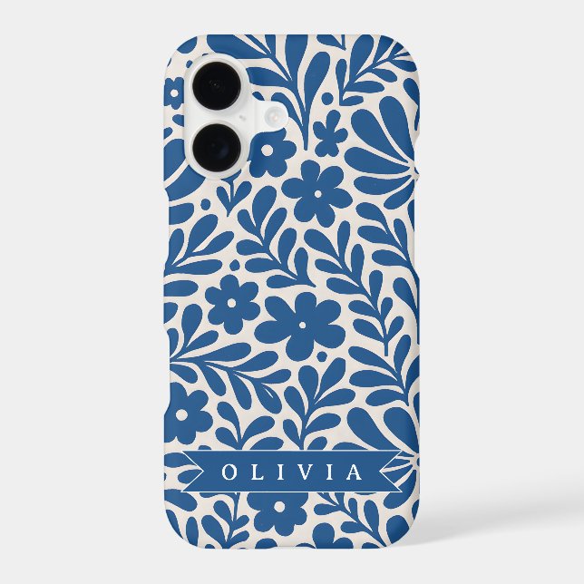 Personalized Blue Folk Floral Nordic Custom Case-Mate iPhone Case (Back)