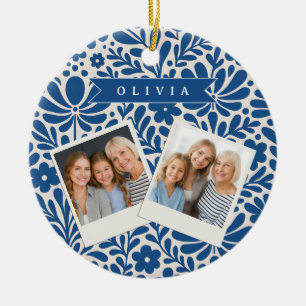 Personalized Blue Folk Floral Nordic Custom Ceramic Ornament