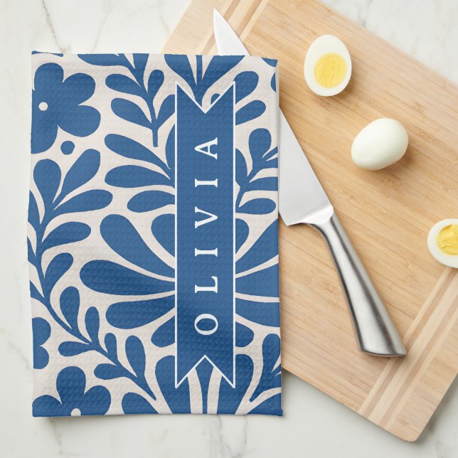 Personalized Blue Folk Floral Nordic Custom Kitchen Towel (Quarter Fold)
