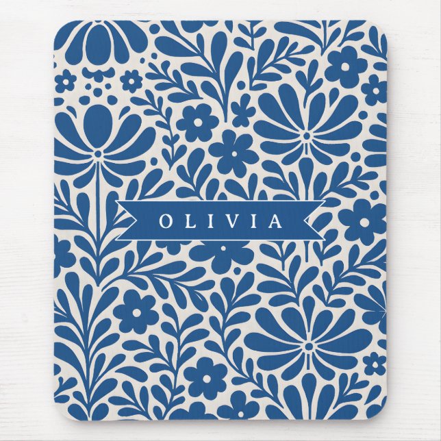 Personalized Blue Folk Floral Nordic Custom Mouse Pad (Front)