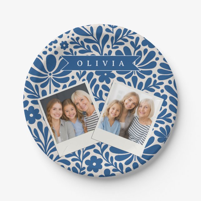 Personalized Blue Folk Floral Nordic Custom Paper Plates (Front)