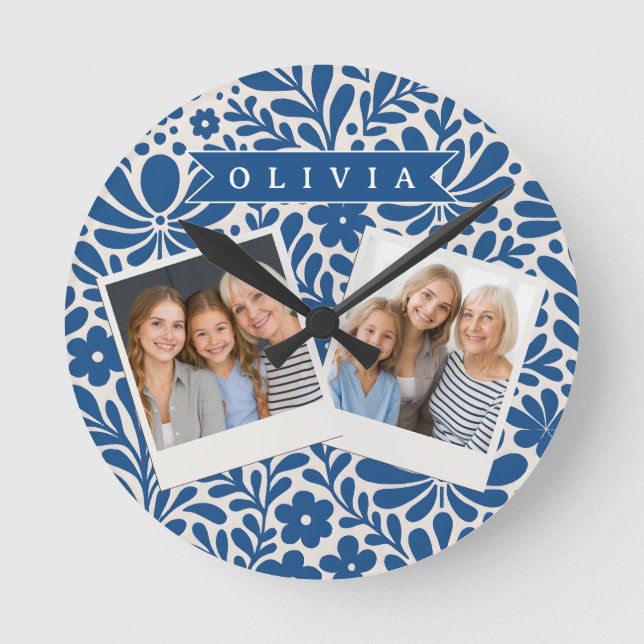 Personalized Blue Folk Floral Nordic Custom Round Clock (Front)