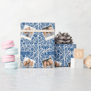Personalized Blue Folk Floral Nordic Custom Wrapping Paper