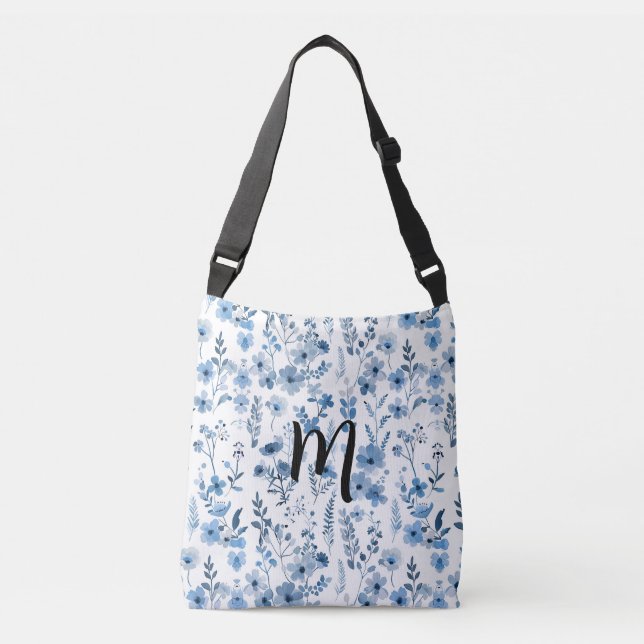Personalized Blue French  Floral  Crossbody Bag (Front)