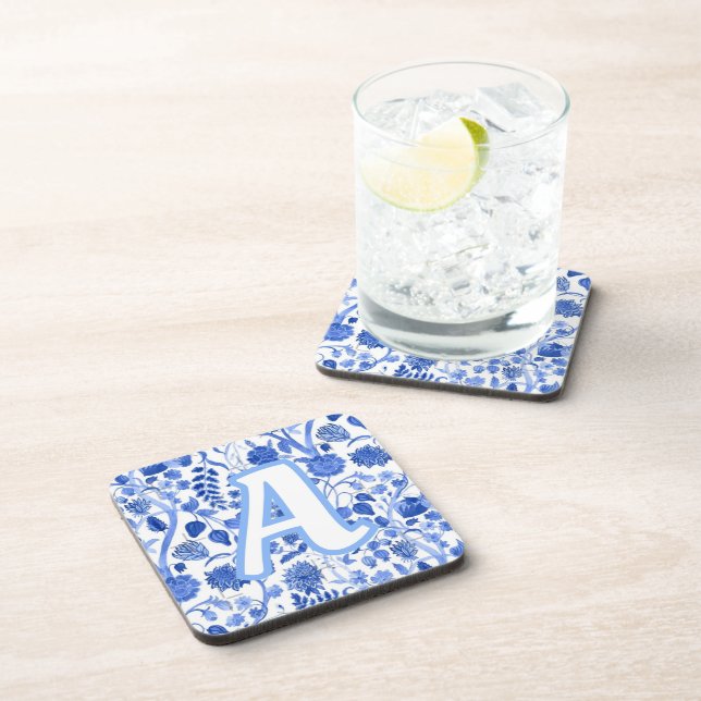 Personalized Blue French Toile A Beverage Coaster (Right Side)
