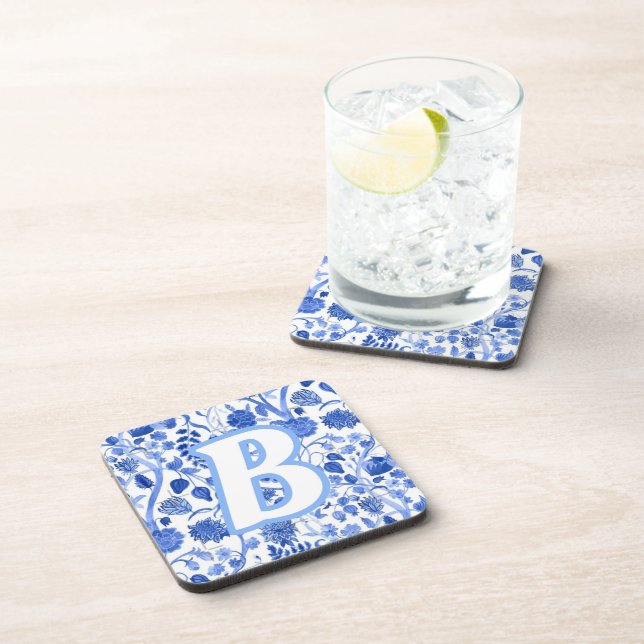 Personalized Blue French Toile B Beverage Coaster (Right Side)