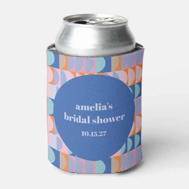 Personalized Blue Geometric Bridal Shower Favor Can Cooler (Can Front)