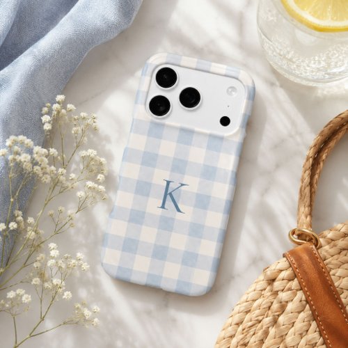 Personalized Blue Gingham Heirloom Monogram iPhone 17 Pro Case