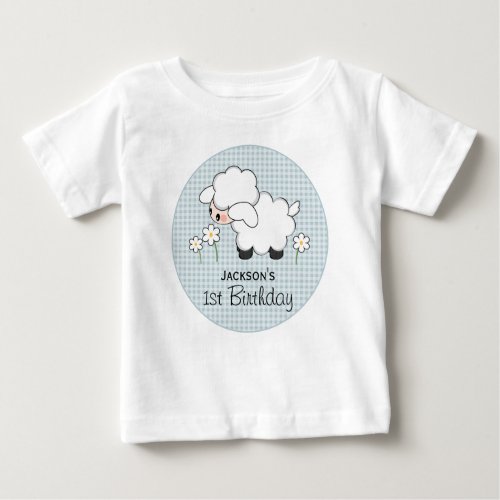 Personalized Blue Gingham Lamb Birthday Baby T_Shirt