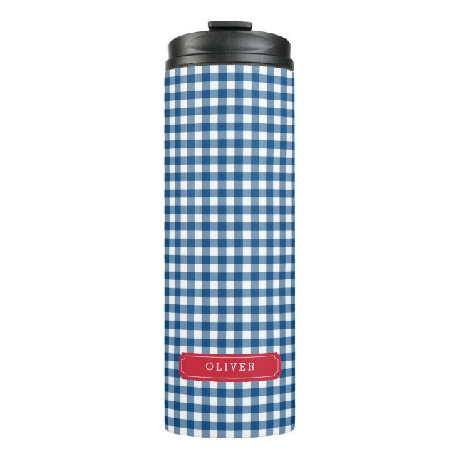 Personalized Blue Gingham Monogram Thermal Tumbler (Front)