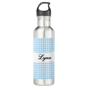 Personalized Blue Gingham Pattern & Custom Name Stainless Steel Water Bottle