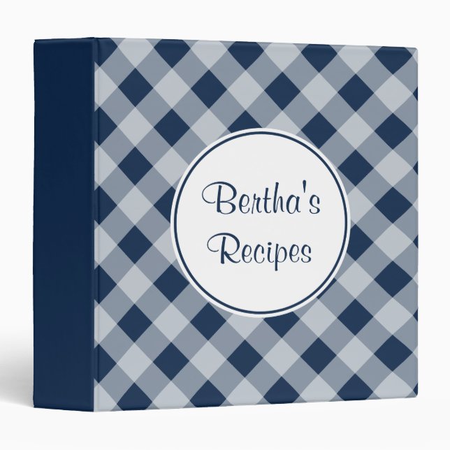 Personalized Blue Gingham Recipe Organizer Binder (Front/Spine)