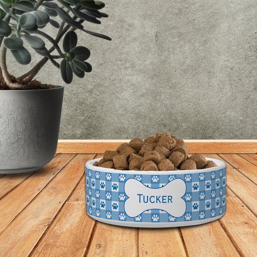 Personalized Blue Gingham with Paw Prints and Bone Bowl