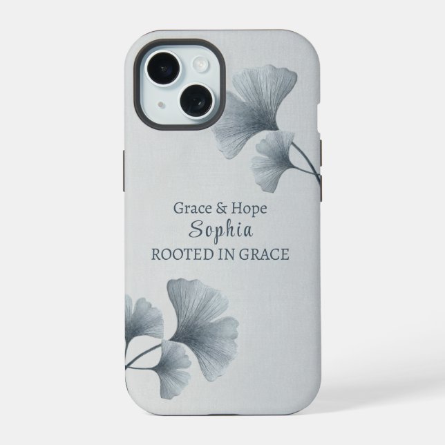 Personalized Blue Ginkgo Leaf Custom Name Iphone Case (Back)
