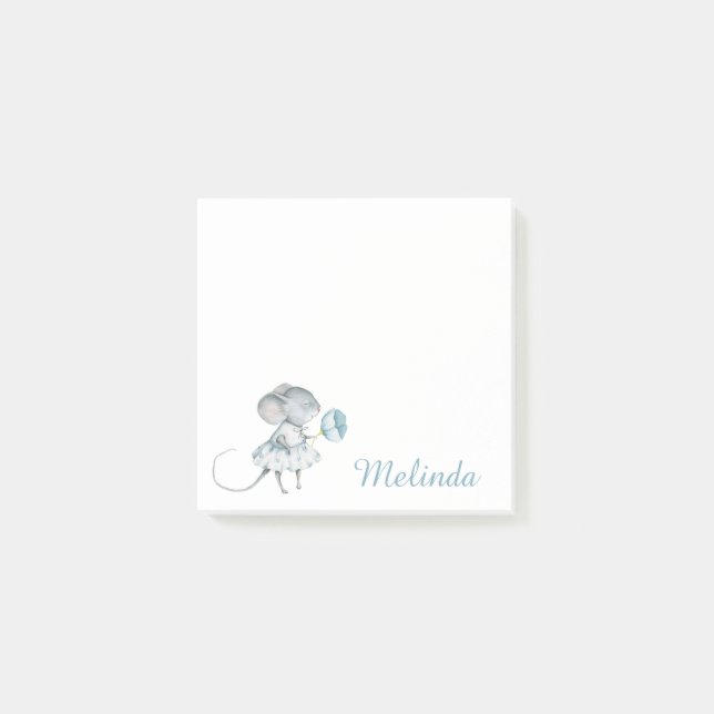 Personalized Blue Girl Mouse Flower Post-it Notes (Front)